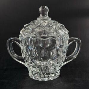 Vintage Fenton Cubist Clear Glass Sugar Bowl W Handles & Lid